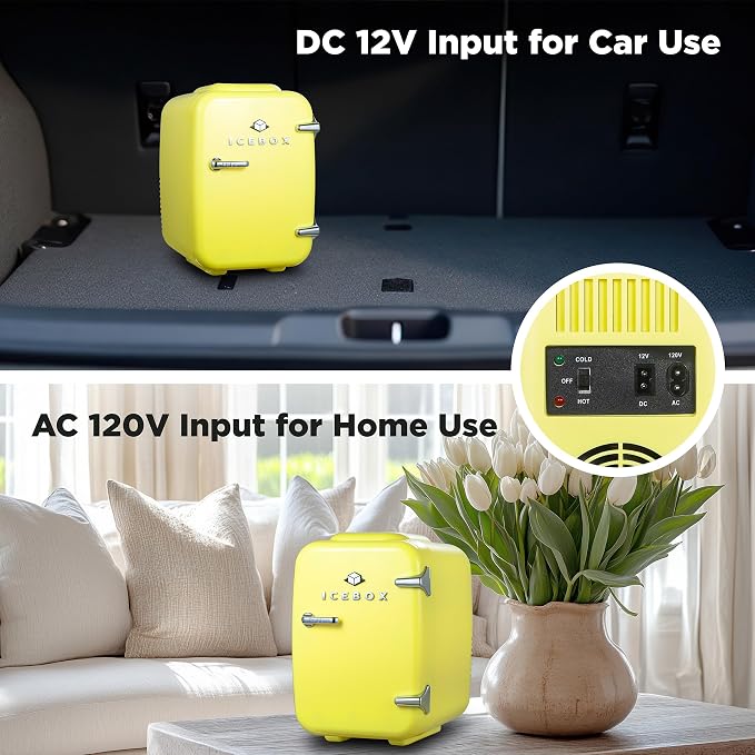 IceBox 4-Liter Mini Fridge Cooler/Warmer, IBMF4SUN, Sun Yellow | Portable Refrigerator Holds 6 Cans, Compact for Skincare, Beverages and Food, Includes 120V AC and 12V Car Adapters