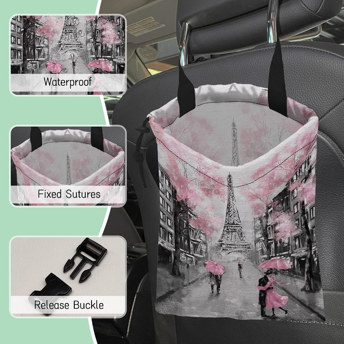 Eiffel Tower Car Trash Bag,Paris Oil Painting Hanging Drawstring Car Garbage Bag, Waterproof Canvas Car Back Seat Organizer with Adjustable Buckle, for Vehicles, SUVs, Camping, Road Trips