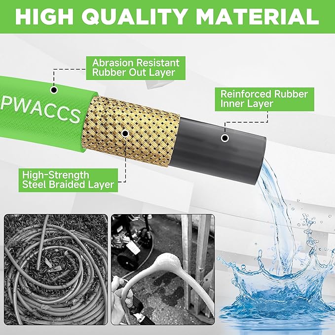 PWACCS Pressure Washer Hose, 25 FT 3/8" Quick Connect Power Washer Hoses Kink Resistant for Cold/Hot Water, Steel Wire Braided Pressure Hose, M22 14 Fittings, 4000 PSI