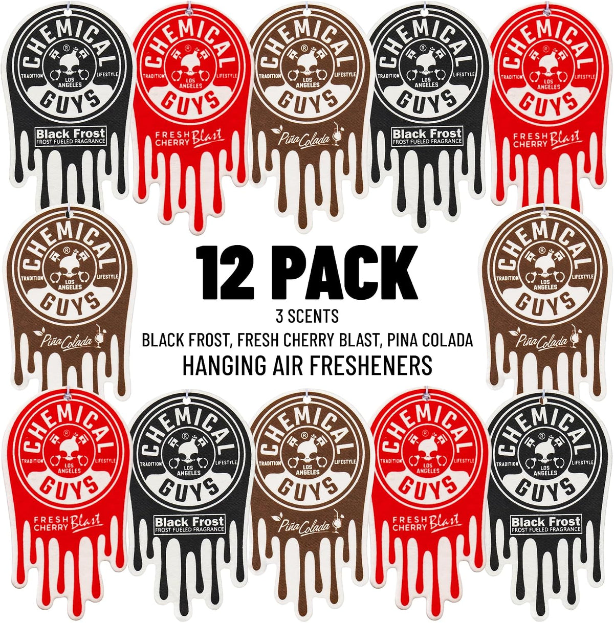 Chemical Guys Car Fresheners, Hanging Air Fresheners, Variety Scent Pack 12 Pack - for Cars, Home, Garage, Workspace, Dorm Room & More (4 x 3 Packs, Black Frost, Cherry, Pina Colada)