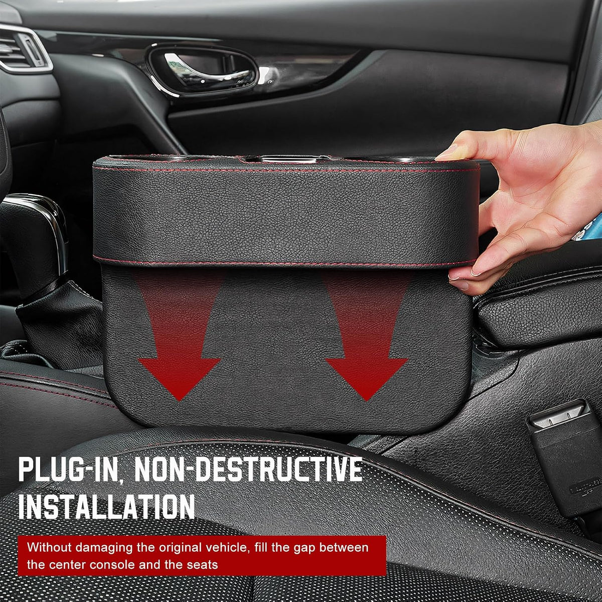 Car Cup Holder Gap Filler Organizer, Multifunctional Car Console Side Organizer with 2 Cup Holders, Leather Seat Gap Filler Portable Drink Holders Storage Box for Most Vehicles (Black)