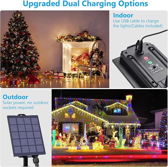 59Ft Solar String Lights Outdoor Waterproof, 18 Colors Changing 150 LED Christmas Lights Solar Powered & USB with Remote, Multicolor Fairy Lighting for Outside Tree Yard Indoor Halloween Decor