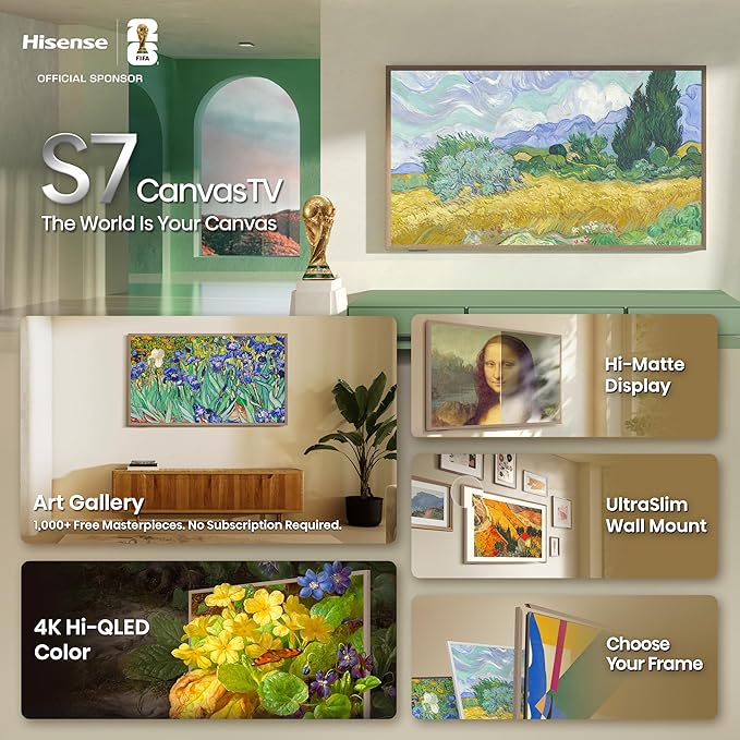 Hisense 55“ Hi-QLED S7 CanvasTV Series 4K UHD Google Smart Art TV (55S7SG, 2026 New) - 144Hz, Art Mode, Anti-Glare Panel, Dolby Vision HDR, Hi-Matte Display, Frame & UltraSlim Wall Mount Included
