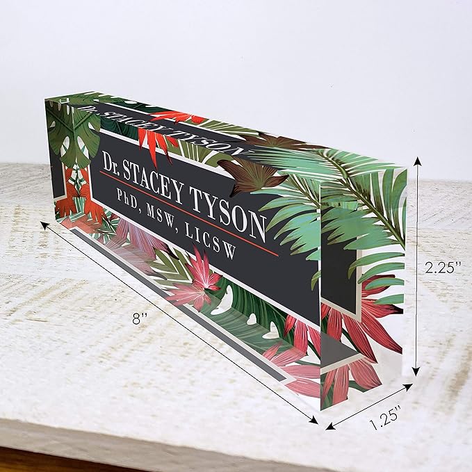 Artblox Personalized Name Plate for Desk | Leaf Flowers Design On Clear Acrylic Glass | Custom Desk Name Plate Personalized with Your Name and Credentials for Teacher Phd Military Office Name Plate