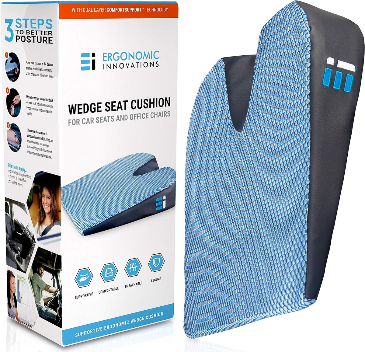 Premium Wedge Car Seat Cushion for Driving - Sciatica Seat Cushion for Car, Office, Home, Back Pain, Hip Support, Sciatica Pain Relief - Ergonomic Non-Slip Memory Foam Driving Pillow 17.5 x 15 x 3.5