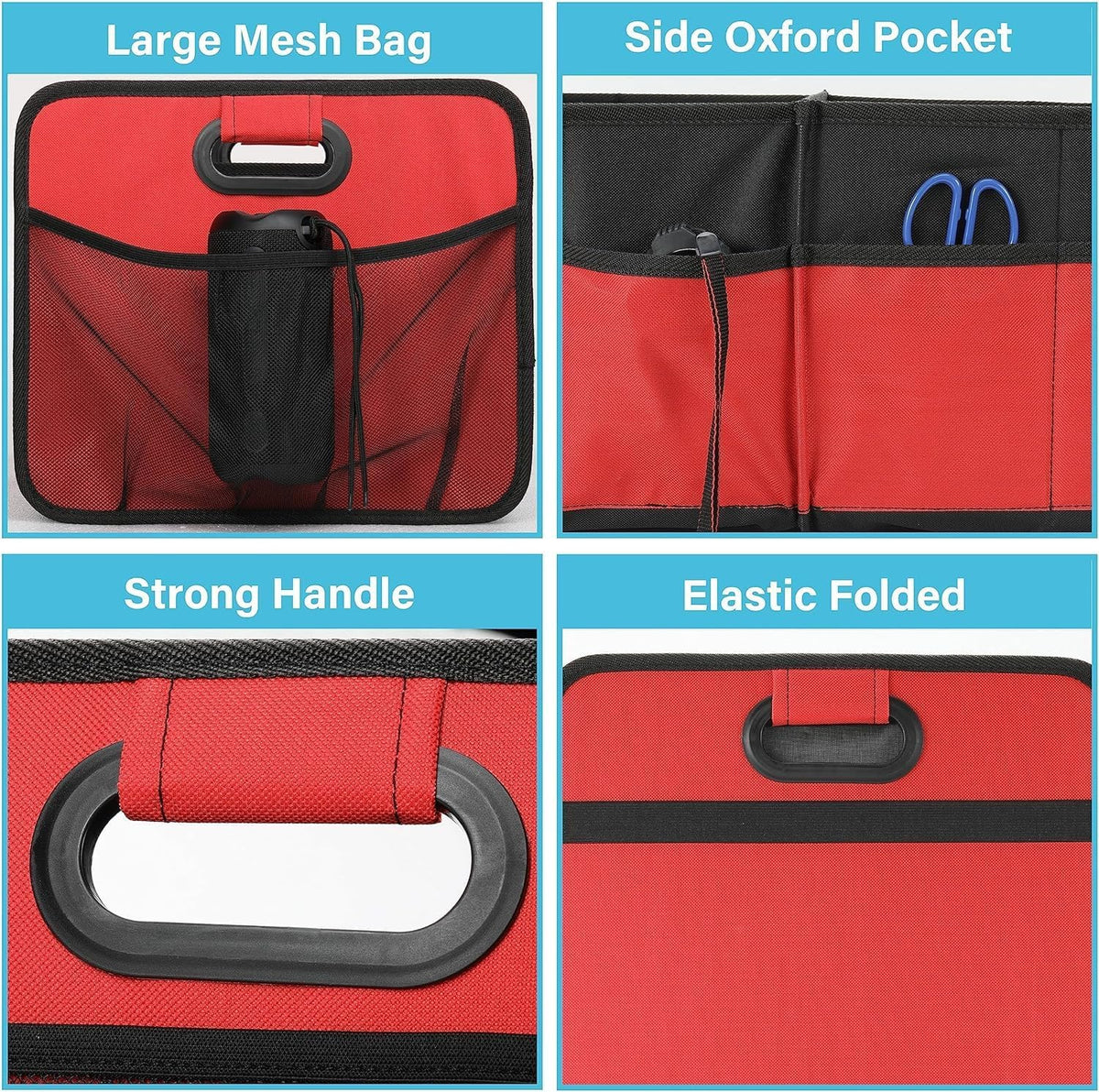 Simple Deluxe Trunk Organizer for Car/SUV/Truck, Collapsible 2 Compartment 50L Automotive Storage Box with 5 Pocket, 600D Waterproof Oxford Polyester, Anti-slip & Leak-proof, Red