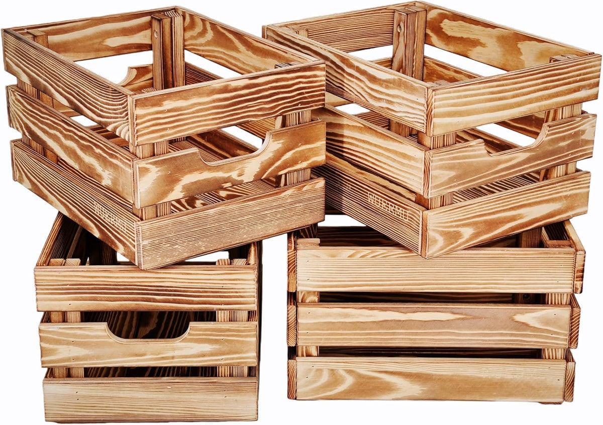 Flame-Treated Wood Crates, Rustic Brown Storage Boxes Set of 4 for Organization, Tool Storage, Wine or Camping, 12.2 Inch Multi-Purpose Crate.