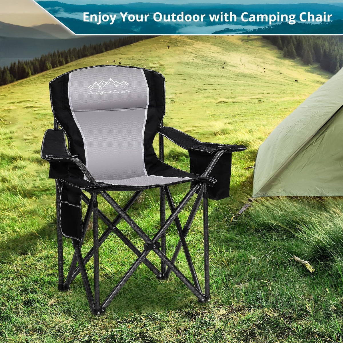 Skiennix Folding Camping Chair - Heavy Duty Portable Lawn Chair with Cooler Bag & Cup Holder | Supports 450lbs, Black