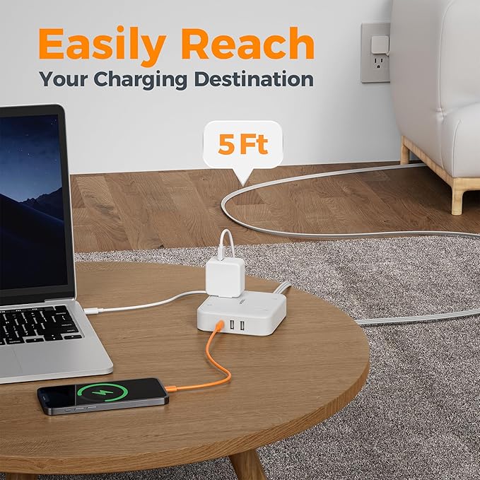TESSAN Surge Protector Flat Extension Cord 5Ft, Flat Plug Power Strip with 4 Outlets 3 USB Ports (1 USB C), 900 Joules Protection, Multiple Wall Outlet Extender Suitable for Home Office Dorm, White