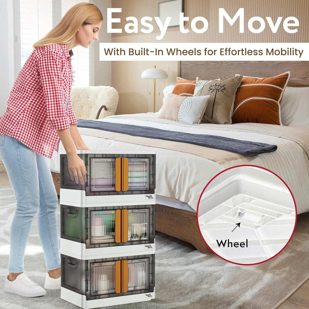 Quik Box - 8.5 Gallon Stackable Storage Bins with Doors & Wheels - Collapsible Organizer for Dorms, Bedroom & Home - Durable Polystyrene - White