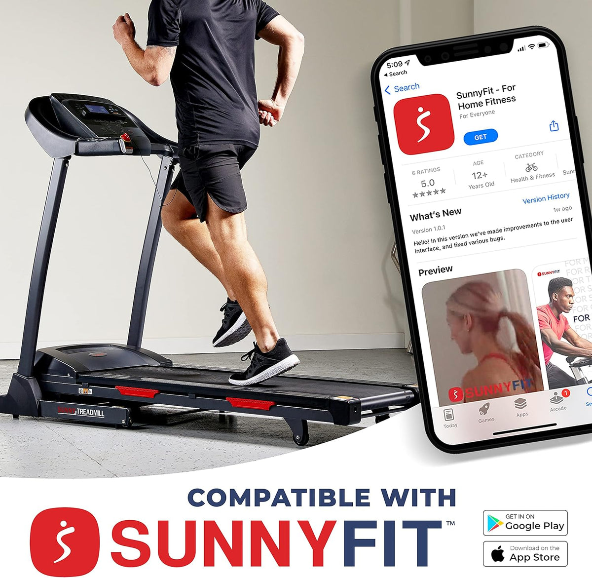Sunny Health & Fitness Folding Treadmill - Smart Performance with Adjustable Incline & Free Bluetooth App