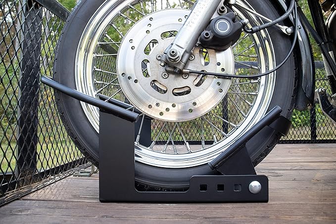 Camco Motorcycle Wheel Chock for Trailer - Includes Handlebar Straps & Mounting Hardware - Keep Your Motorcycle Upright During Transit - Mountable to Trailer or Truck Bed - Universal Tire Fit (66100)