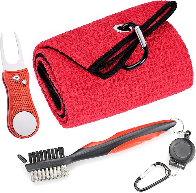 Mile High Life Microfiber Waffle Pattern Golf Towel | Club Groove Cleaner Brush | Foldable Divot Tool with Magnetic Ball Marker (Red Towel/Brush/Bone Divot)