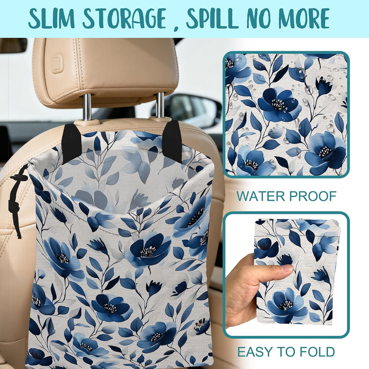 Car Trash Bag Watercolor Blue Flowers Leak-Proof Car Garbage Bag with Drawstring Foldable Canvas Trash Bin with Adjustable Buckle for Car Accessories