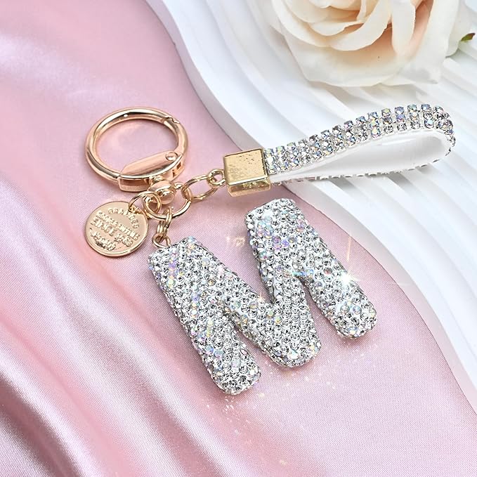Pink Blue White Initial Letter Keychain Gift for Women Girls Bling Sparkly Cute Backpack Car Key Accessories Lanyard