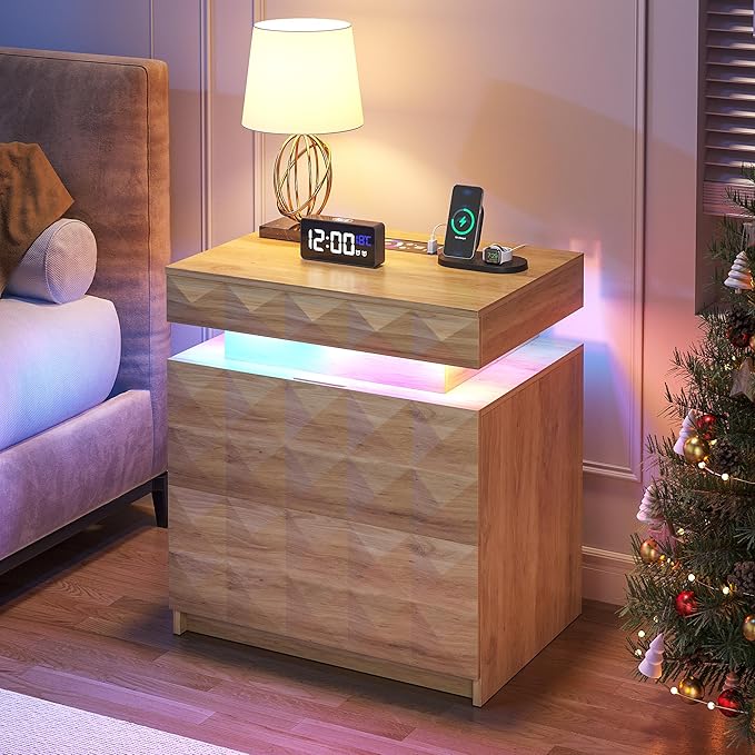 LED Nightstand with Charging Station,3 Drawers Night Stand with Lockable Hidden Storage,Smart Bedside Table with Human Sensor RGB Lights for Bedroom,Wood