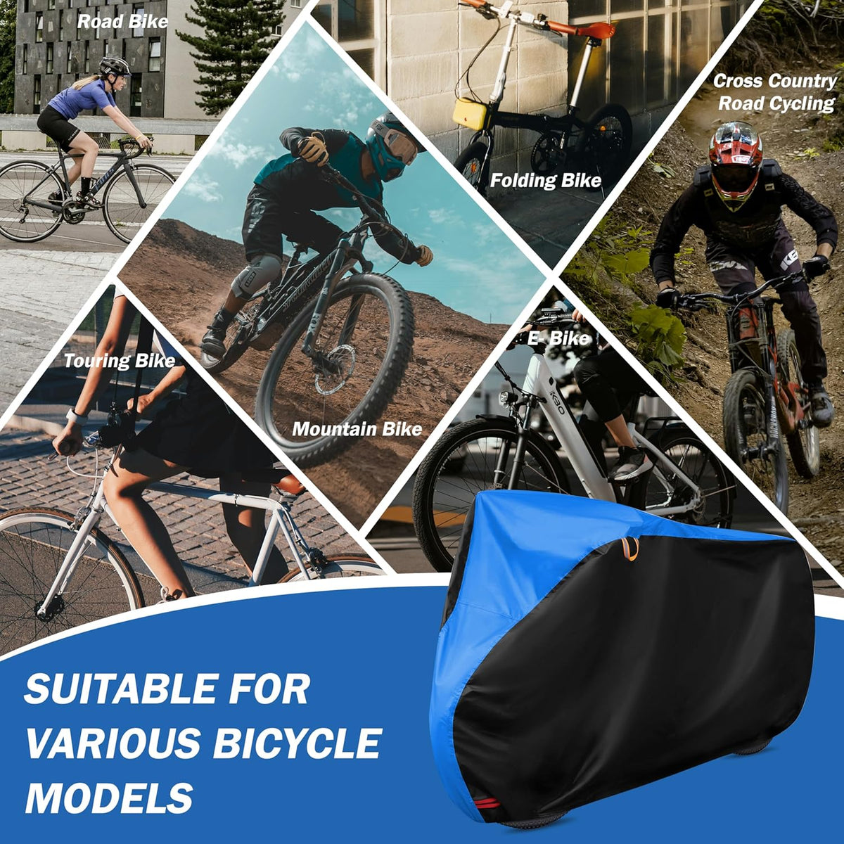 Skiennix Bike Cover - All Weather Waterproof Protection with Lock Hole | XL Size (Black & Blue, 79 x 27.5 x 44 Inches)