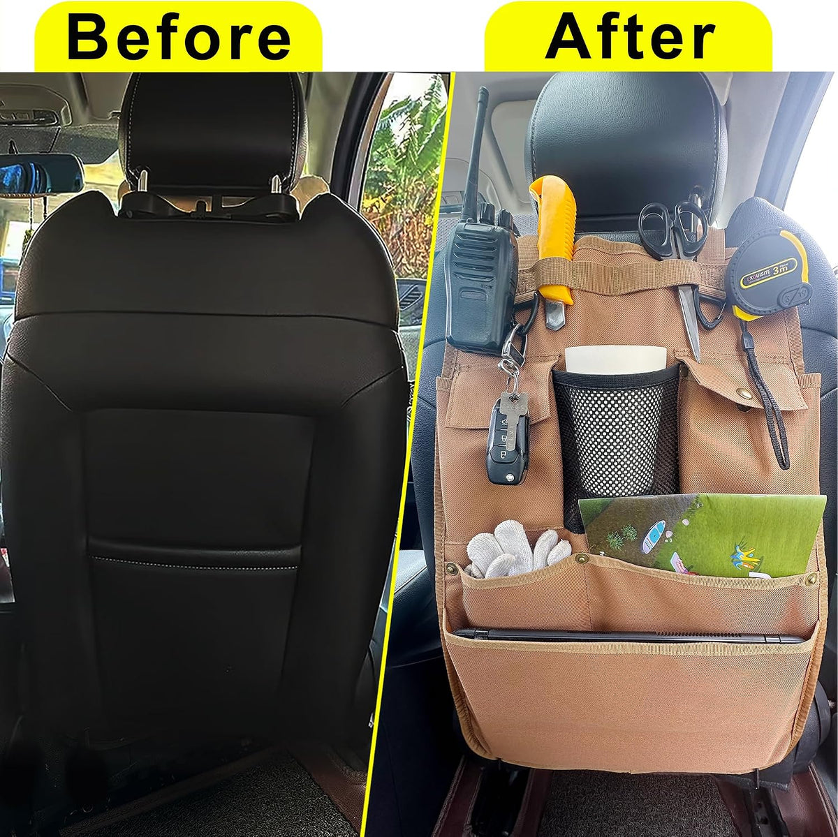 Car Seat Back Organizer with Multiple Pockets and Hooks (brown)