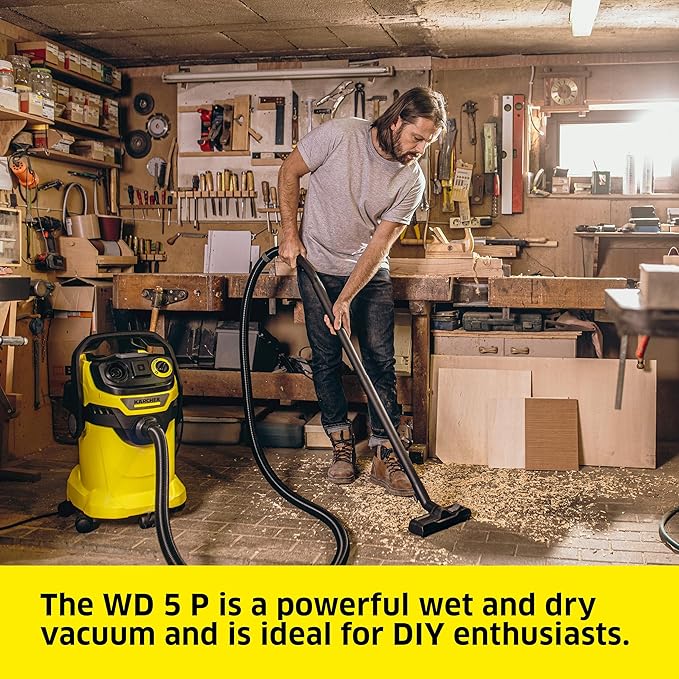 Kärcher Shop Vacuum WD 5 P, 6.6 Gal, 6.0 Peak HP, 33 ft Reach, Wet Dry Vacuum Cleaner, Heavy Duty, Blower Function, Crevice Tool, Floor Nozzle, Great for DIY Projects and Workshops