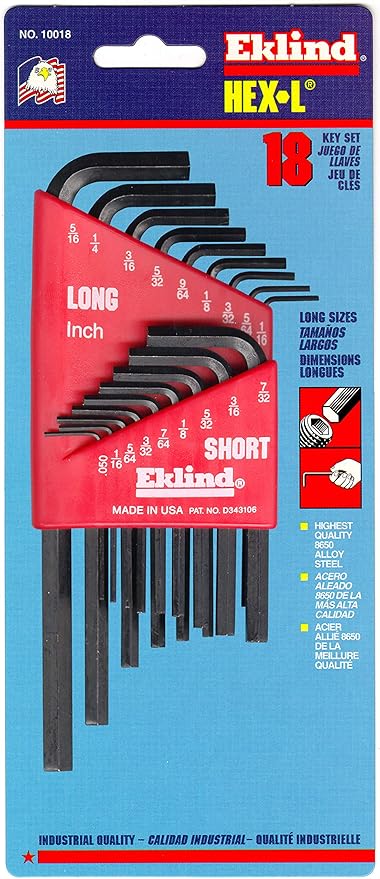 EKLIND 10018 Hex-L Key allen wrench - 18pc set SAE Inch Sizes .050-5/16 Short & Long