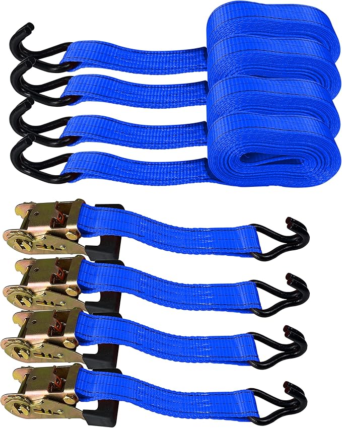 HFS(R) 4PC 1-1/2" x 15 ft Heavy Duty Ratchet Cargo Tie Down Straps 3000lbs Dual J-Hooks (Blue)