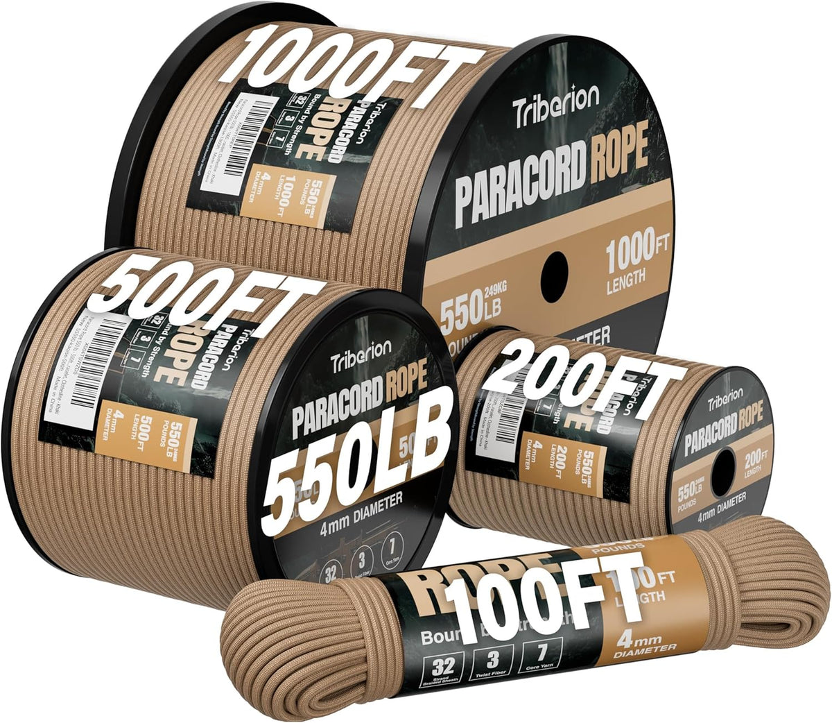 Paracord 550 lb - 500ft Heavy-Duty 7-Strand Parachute Cord | Versatile Khaki Rope for Survival, Camping, and Crafts