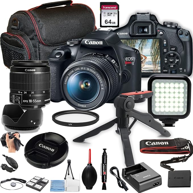 Canon EOS Rebel T7 DSLR Camera Bundle – EF-S 18-55mm Lens, 64GB Memory Card