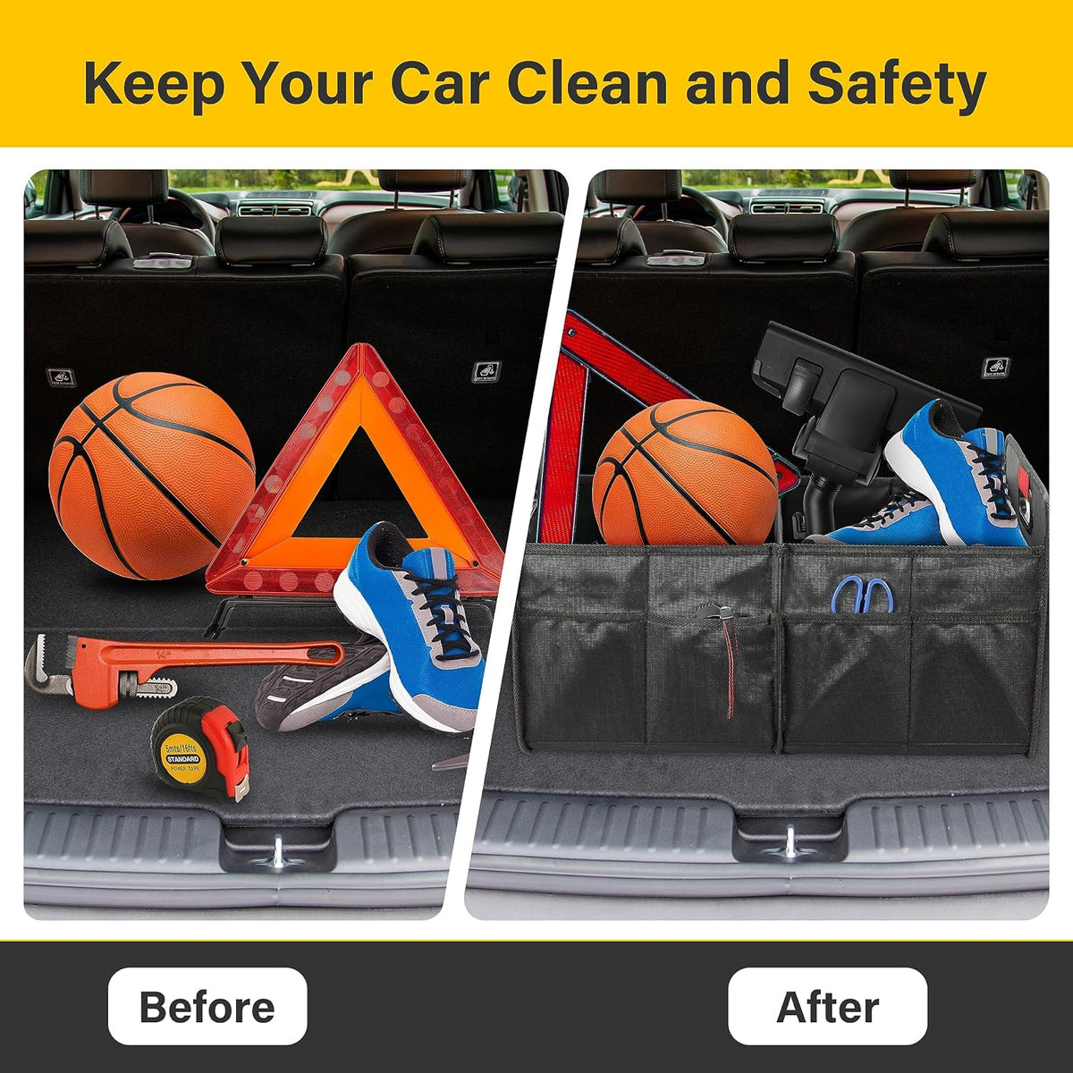 YSSOA Trunk Organizer for Car/SUV/Truck, Collapsible 2 Compartment Automotive Storage Box, 600D Waterproof Oxford Polyester 50L Travel Accessories, Anti-slip & Leak-proof, Black, 2 Pack