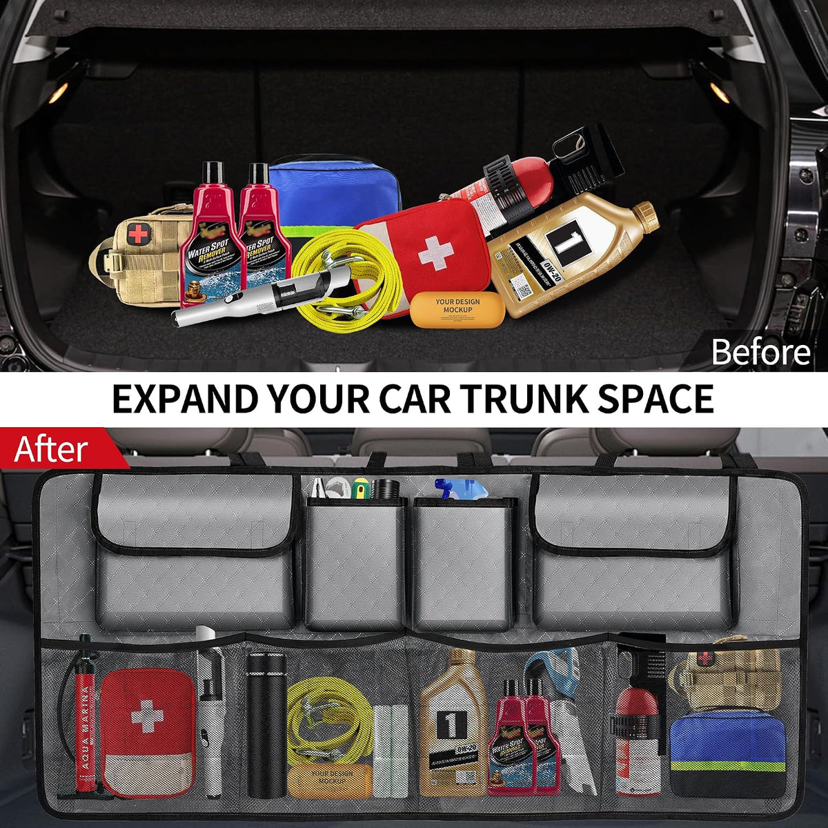 Car Trunk Organizer and Storage, Large Capacity Backseat Hanging Storage Accessories, Backseat Car Organizer for SUV/MPV/Truck (Grey)