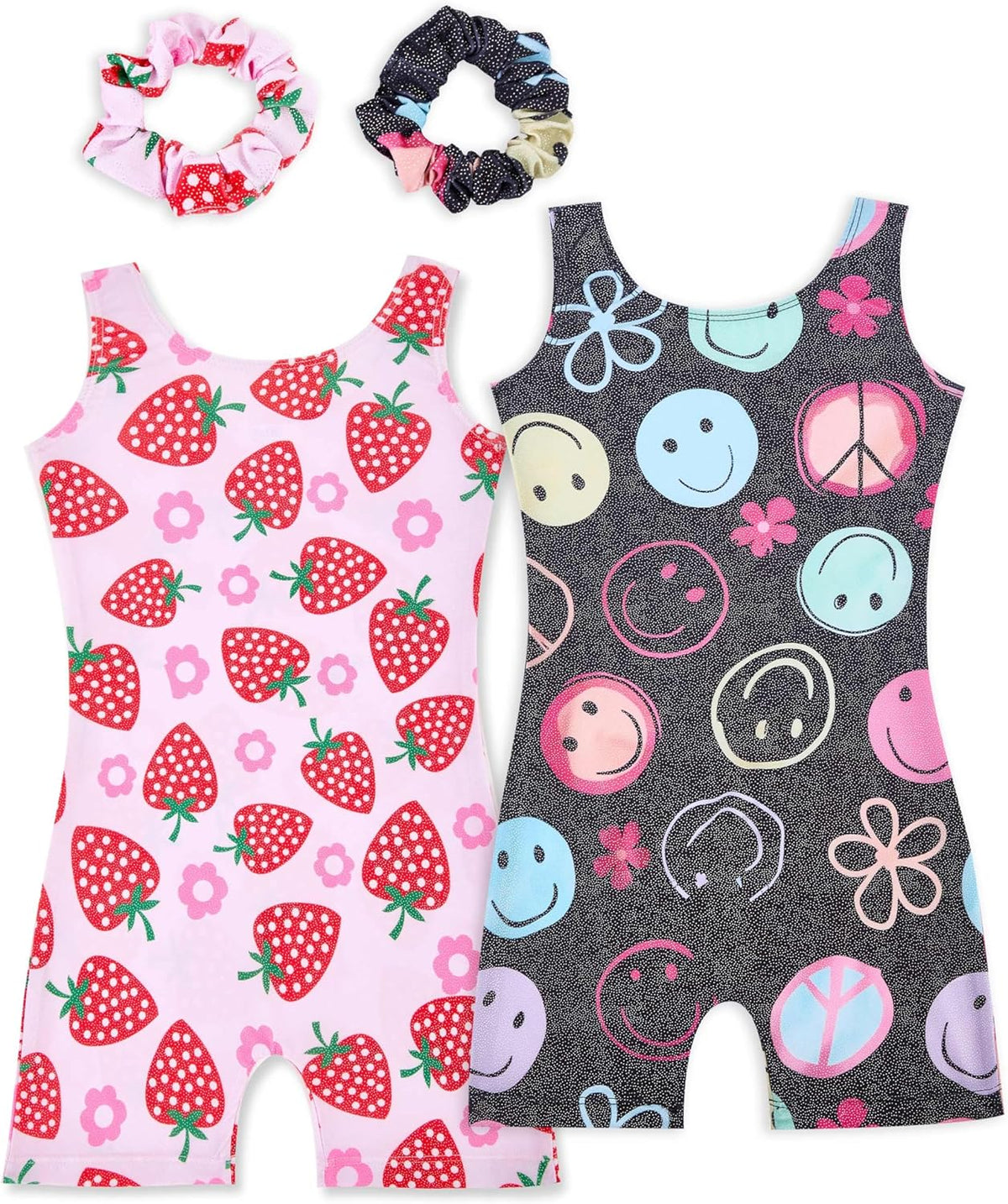 Skiennix Gymnastics Leotards for Girls - Sparkly 2-Pack Biketards with Matching Hair Scrunchies
