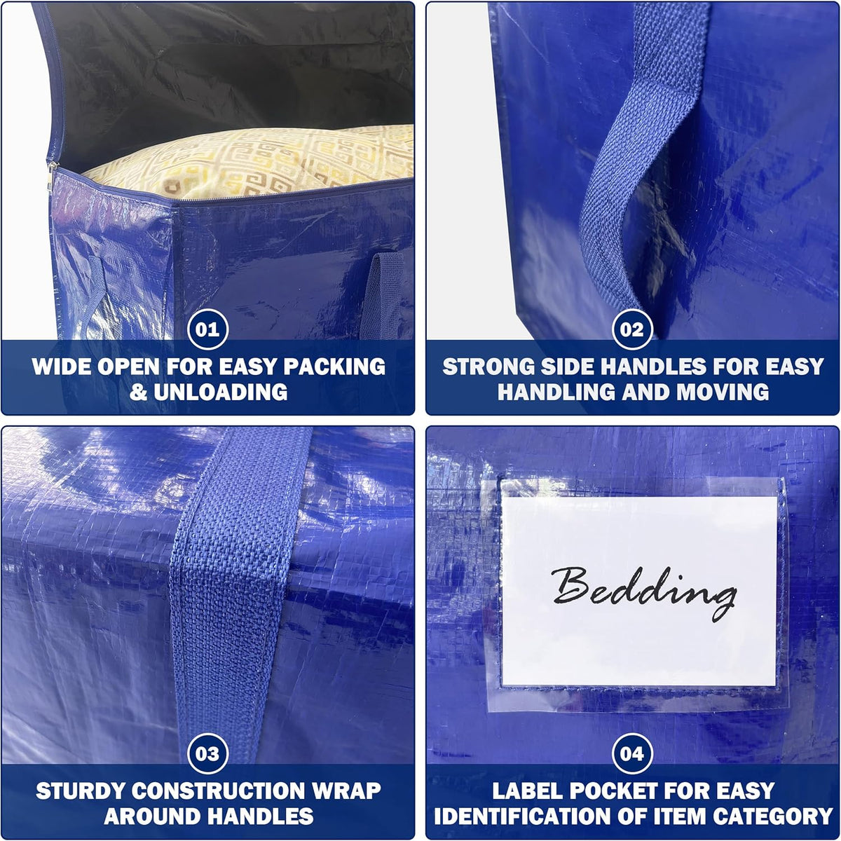 8 Pack Extra Heavy Duty Large Moving Bags with Strong Zipper & Carrying Handles, Sturdy Clothes Storage Bags Totes Bins, Packing Bag Move Boxes College Moving Supplies, Dark Blue - 24 gal