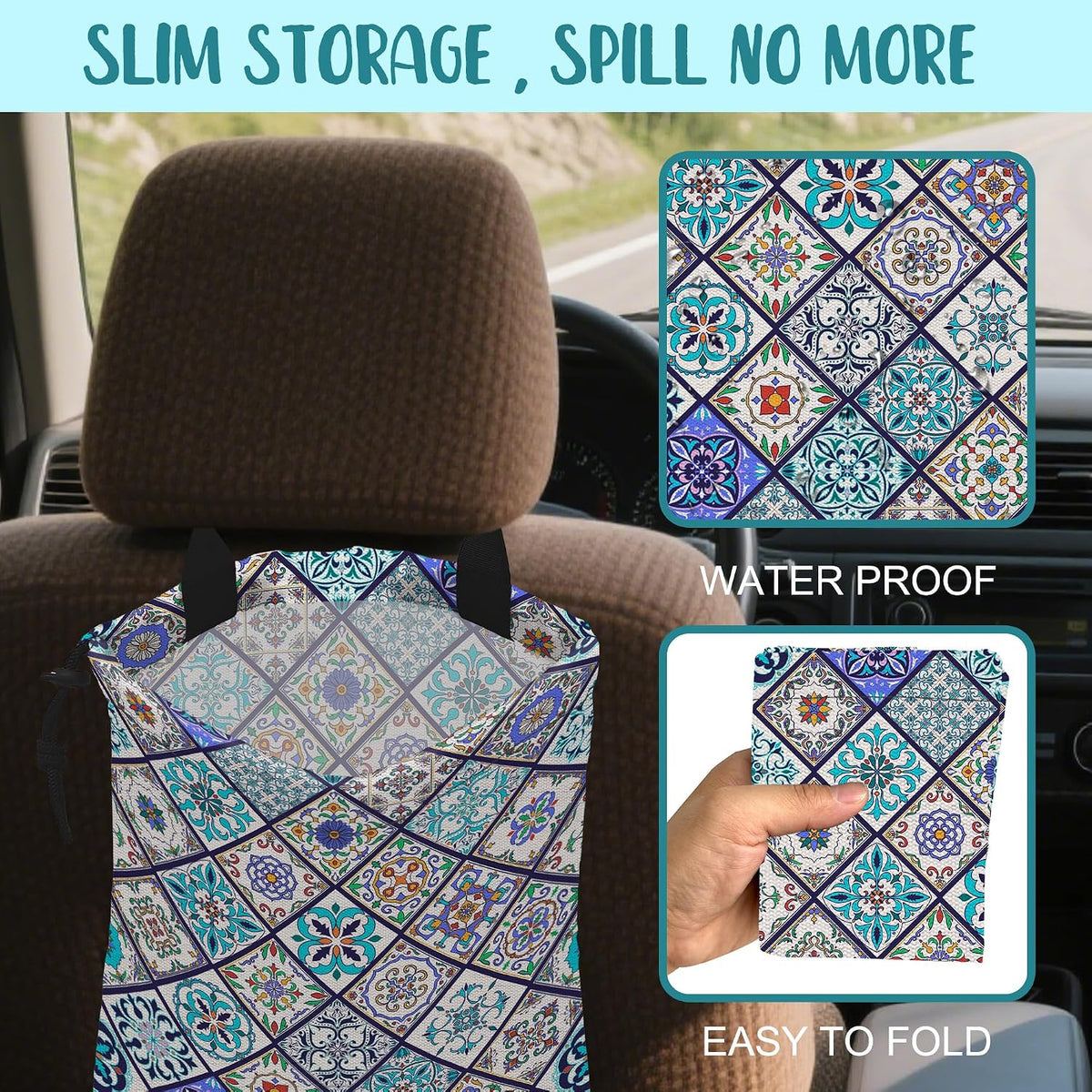Car Garbage Bag Abstract Portuguese Tiles Drawstring Car Trash Bag Hanging for Back Seat with Adjustable Buckle Canvas Vehicle Trash Can Easy-to-Install