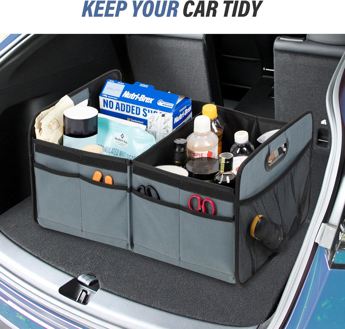 Simple Deluxe Car Trunk Organizer with Lid, Collapsible 2 Compartment 50L Automotive Storage Box with 5 Pocket, 600D Waterproof Oxford Polyester, Non Slip Bottom, Grey-Green