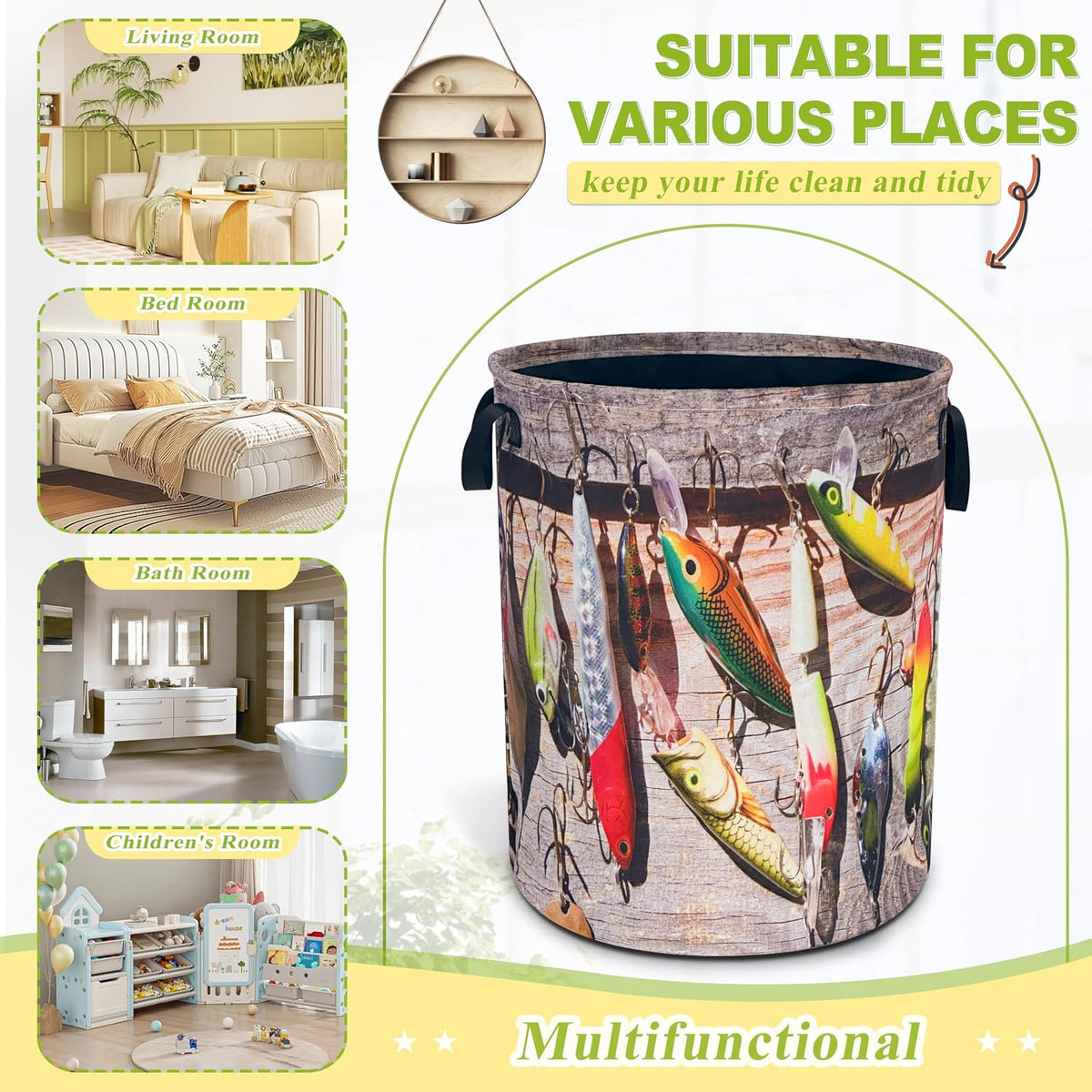 Fishing Fish Laundry Basket Foldable Waterproof Hamper 18.9 x 16.5 Inch