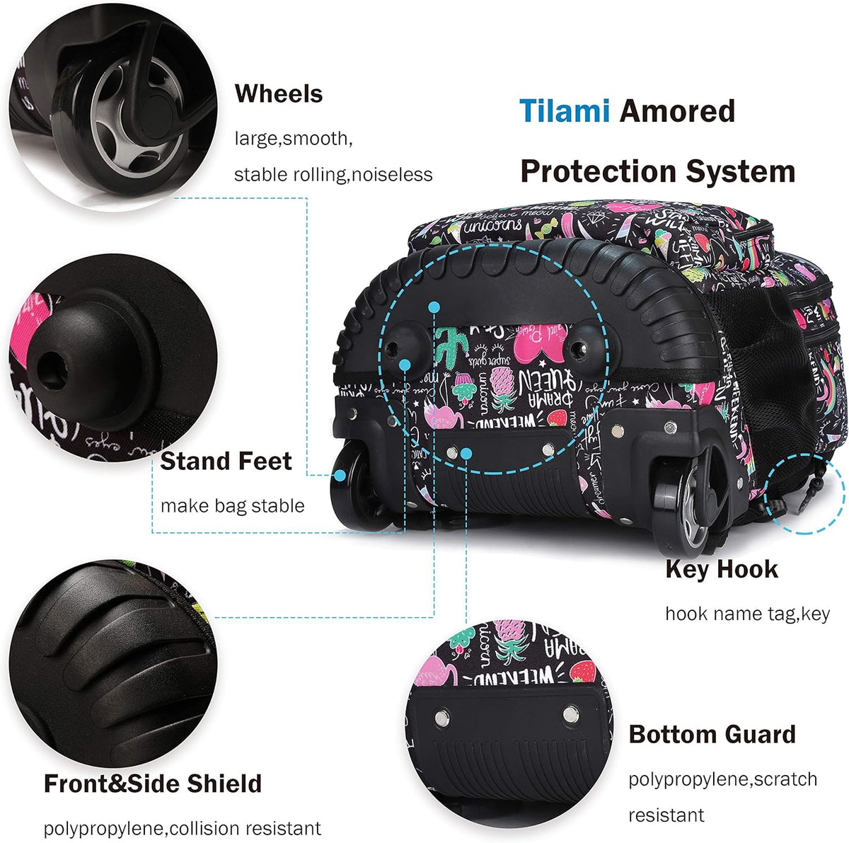Tilami Rolling Backpack - 19 Inch Wheeled Laptop Bag with Lunch Bag | Insulated & Stylish