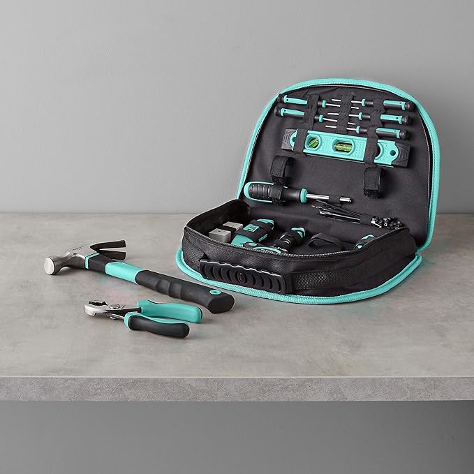 Amazon Basics 104-Piece Home Repair Household Tool Set with Easy Carrying Round Pouch, Portable Hand Tool Kit, Turquoise, 14.4 x 11.4 x 3 inches