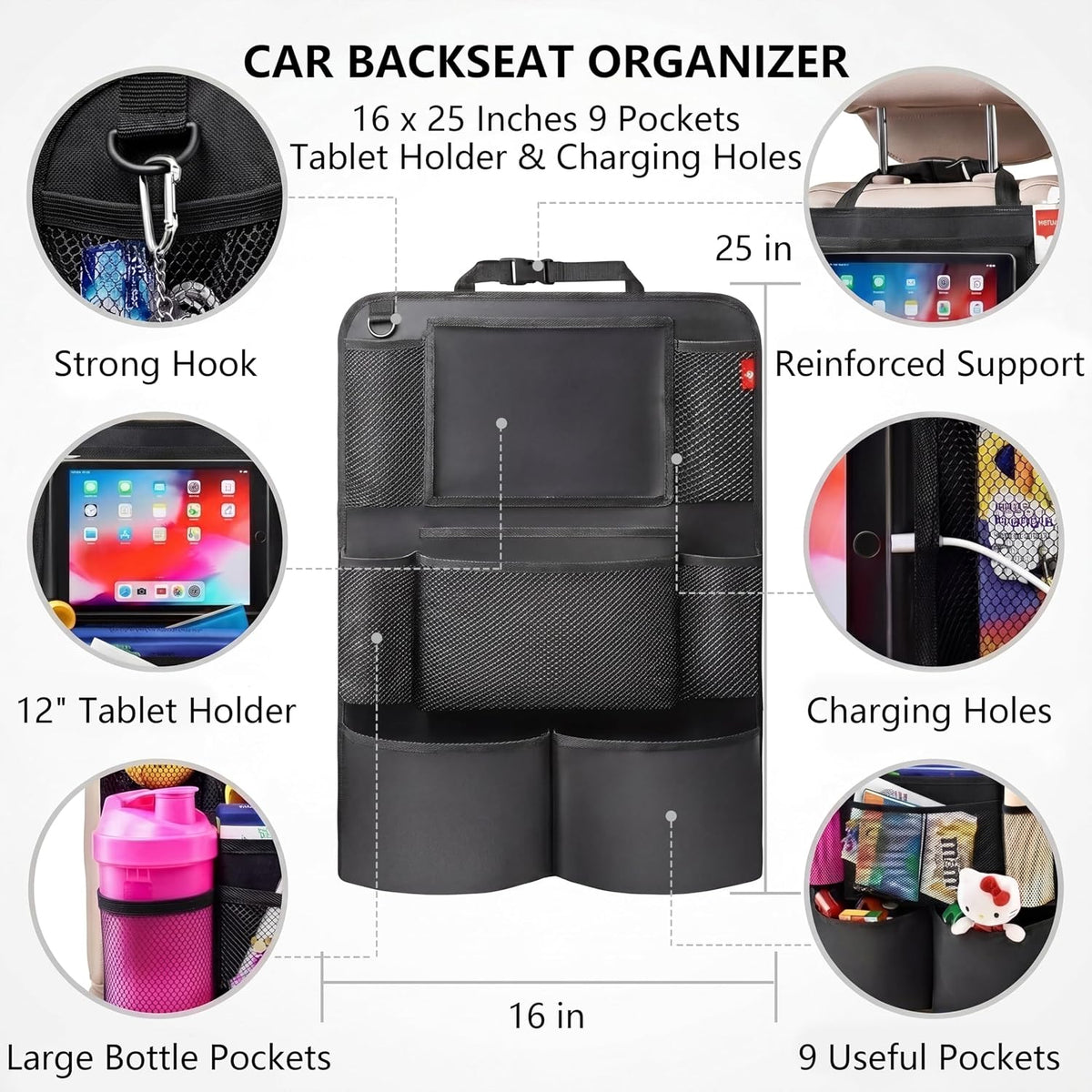 Backseat Car Organizer, backseat car organizer with 9 Pockets & Tablet Holder, Kick Mats for Car Seat Storage and Organization, 2 Pack, Black—Perfect for Travel.