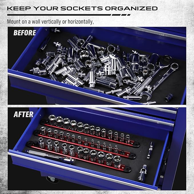 Magnetic Socket Holder Organizer Set: 3/8 Detachable Socket Trays Socket Organizer for Tool Box Drawer Holds 14-Piece Standard Size Sockets for Automotive Mechanic Garage(Red)