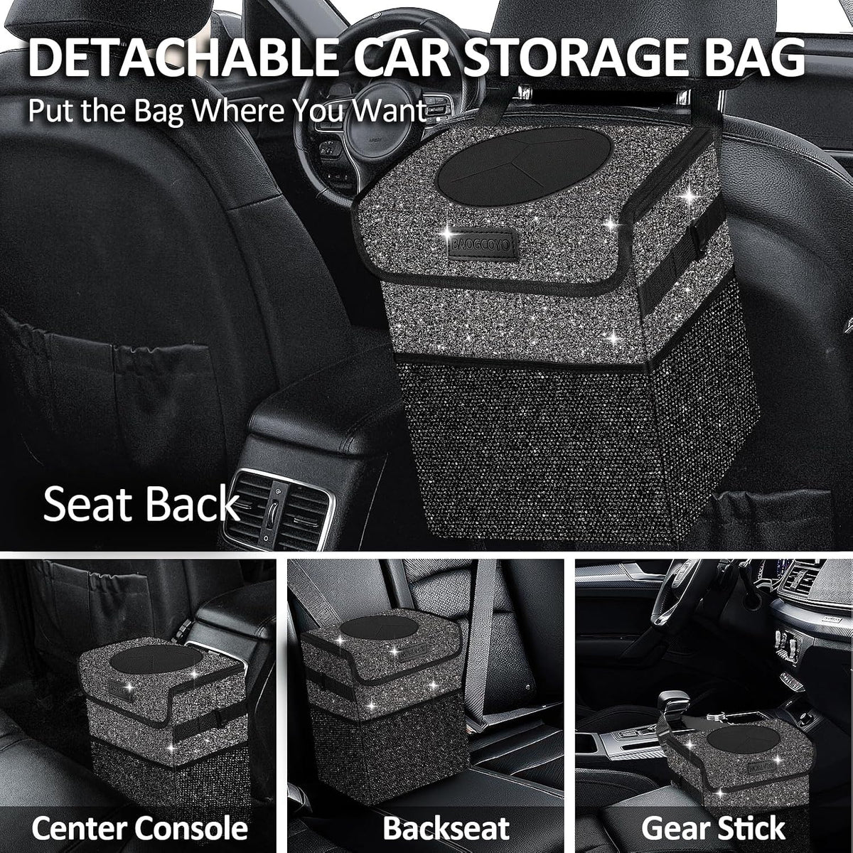 Cute Mini Car Trash Bag with Lid, Glitter Garbage Can Bin Hanging for Back/Front Seat/Console, Waterproof, Leakproof, 2.5 Gallon, Black Bling Sparkly