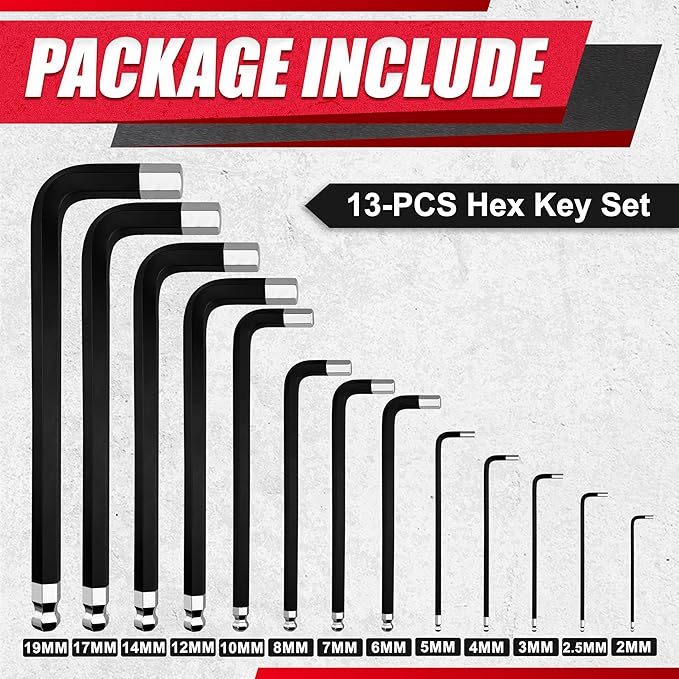 13PCS Jumbo Allen Wrench Set, Metric 2-19mm, Precision Hex Key Set, S2, BLACK, Jumbo Hex Key Allen Wrench Set for Professional Use