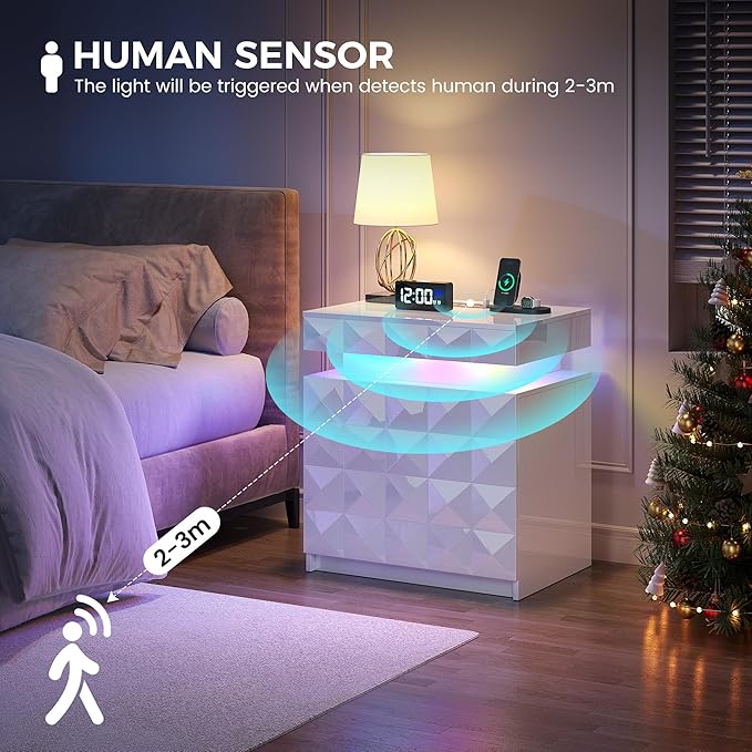 LED Nightstand with Charging Station,3 Drawers Night Stand with Lockable Hidden Storage,Smart Bedside Table with Human Sensor RGB Lights for Bedroom,White