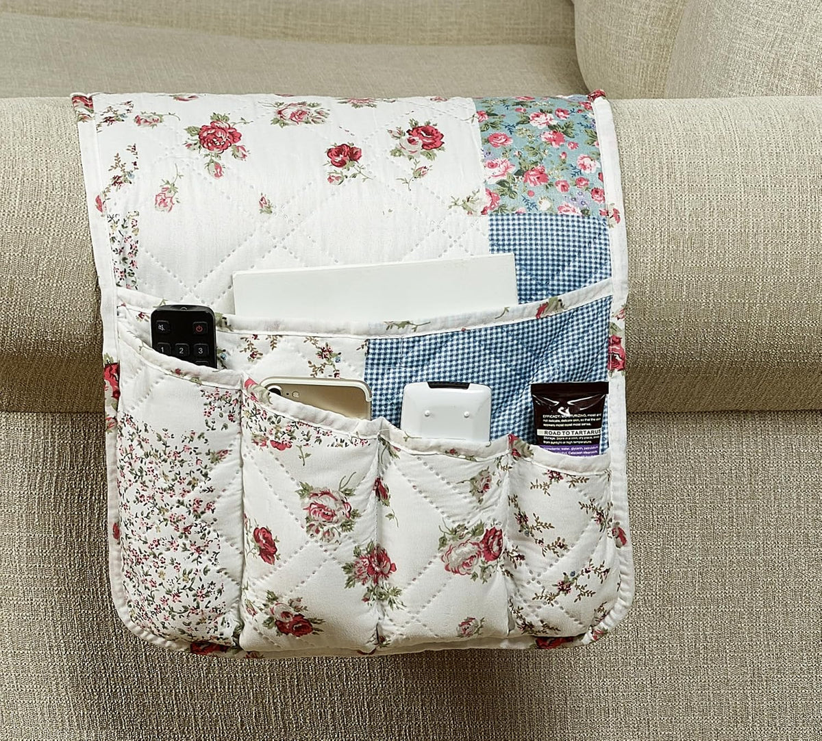 Brilliant Sunshine Pink Rose & Blue Check Couch Armrest Cover, 35"×13"