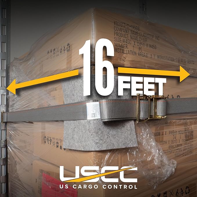 US Cargo Control E Track Straps 2" x 16' (2-Pack), 4,400 LBS Break Strength, Gray Heavy Duty E Track Ratchet Straps with 4' Fixed End and Spring E-Fittings, Logistic Tiedowns for Box Trucks, Vans