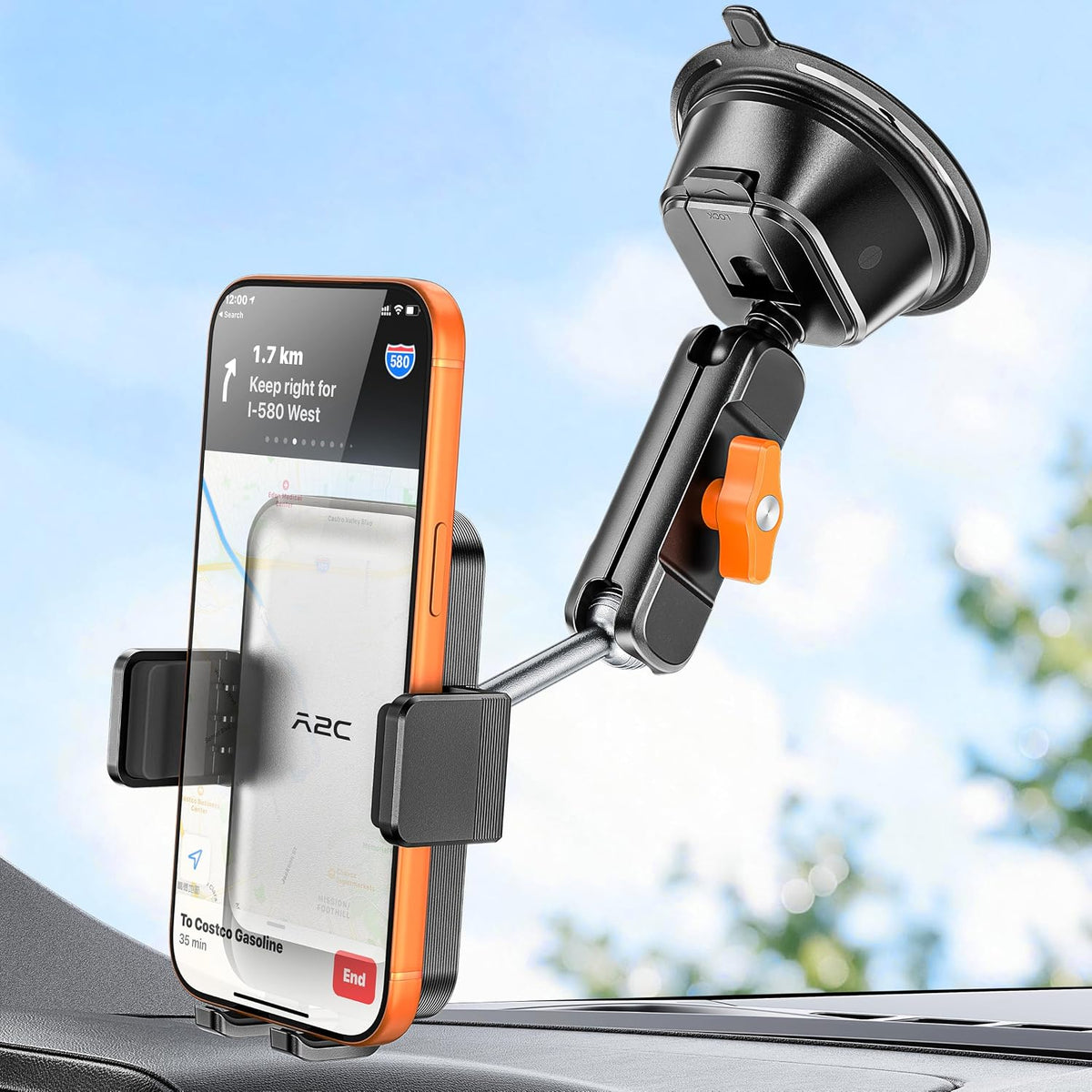 A2C 8" Adjustable Metal Arm Windshield Phone Mount, Suction Phone Holder
