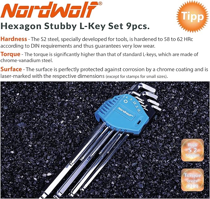 NordWolf 9-Piece Metric Stubby Allen Wrench Set, S2 Steel Long Arm Ball End Hex L-Keys, Sizes 1.5mm to 10mm