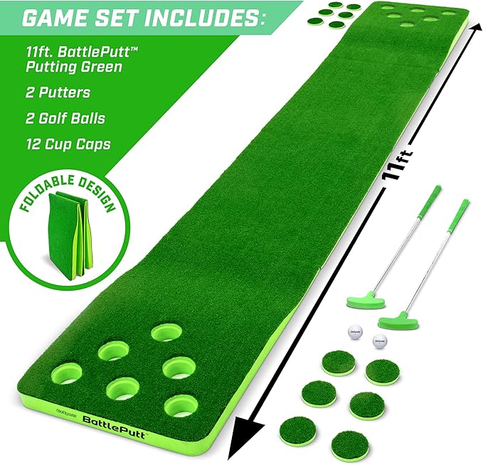 GoSports BattlePutt Golf Putting Game, 2-on-2 Pong Style Play with 11 ft Putting Green, 2 Putters and 2 Golf Balls