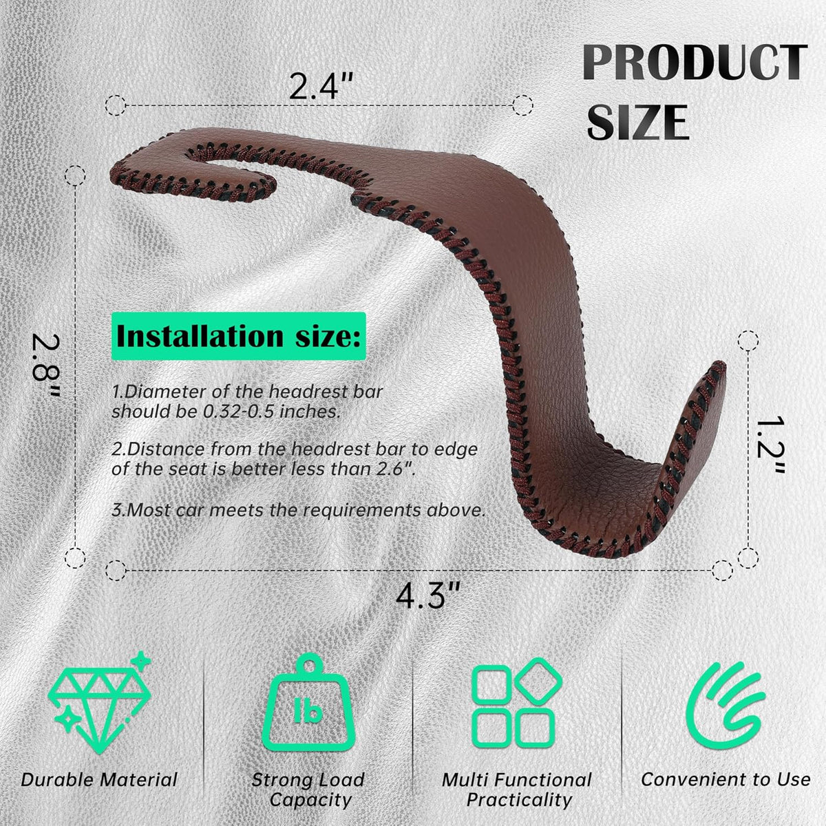 Car Seat Headrest Hook 55lb Heavy Duty Metal Hanger with Leather for Bags