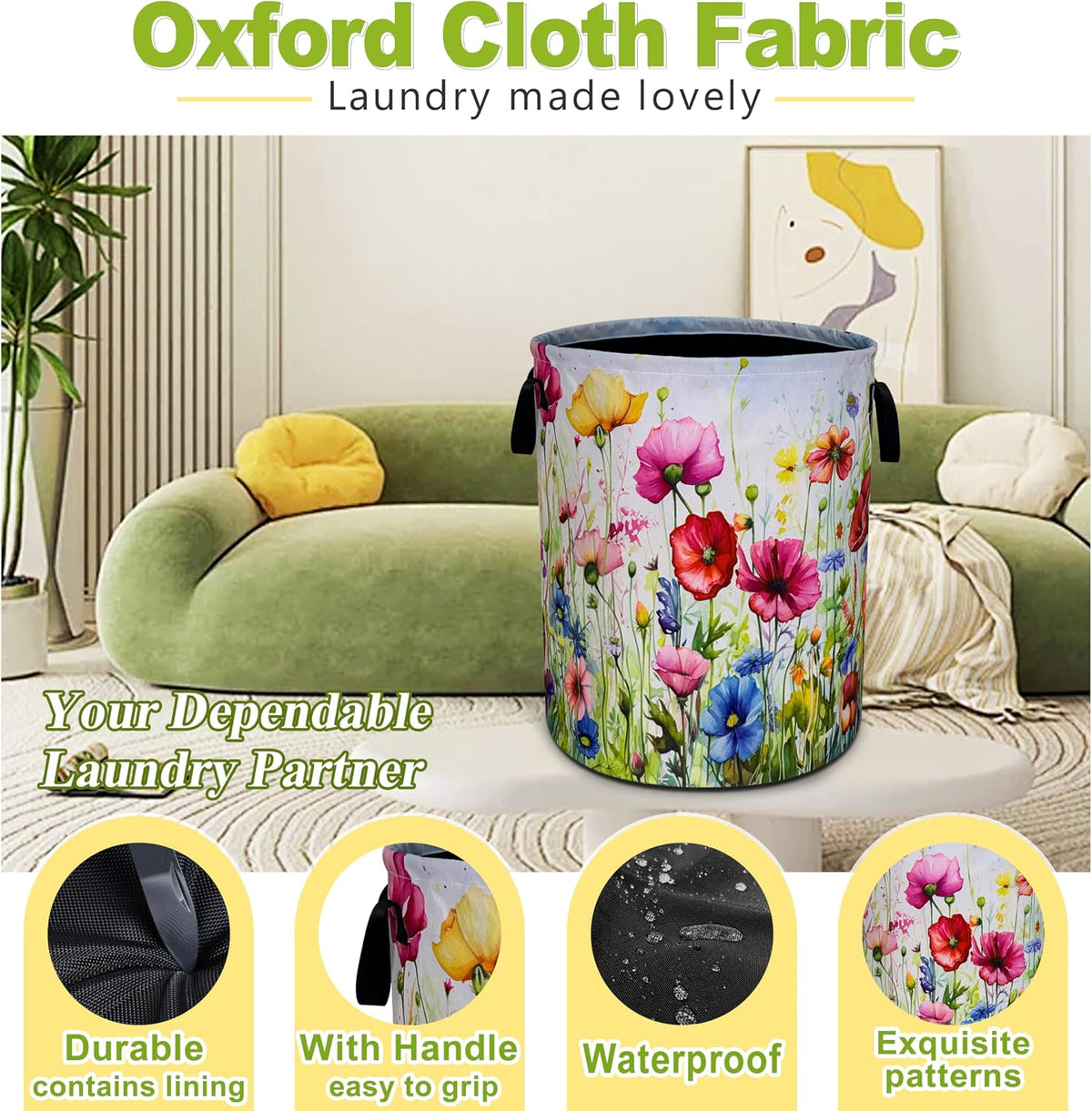 Colorful Flowers Print Laundry Basket Foldable Waterproof 18.9 x 16.5 Inch