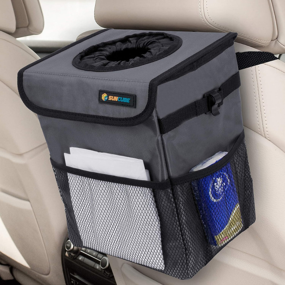 SUN CUBE Waterproof Car Trash Can with Lid, Mesh Pockets | Leakproof Car Garbage Can Hanging | Auto Trash Bin, Garbage Bag Organizer for Headrest, Console, Truck (Dark Gray)