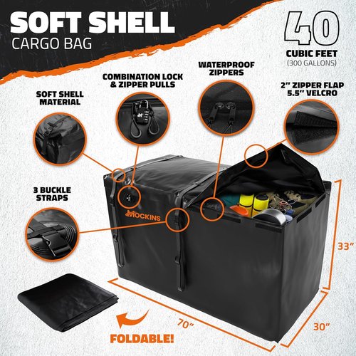 Mockins XXL Folding Trailer Hitch Cargo Carrier - 500 Lbs Capacity | All-Weather Steel Rack with Waterproof Bag & Accessories